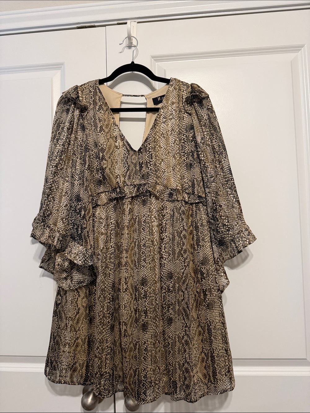 V-Neck Snake Print Mini Dress in Beige/Brown